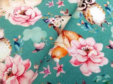 Reststück Baumwolljersey Touching Tiere dunkelmint - Kopie